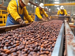 Cocoa beans on factory conveyor