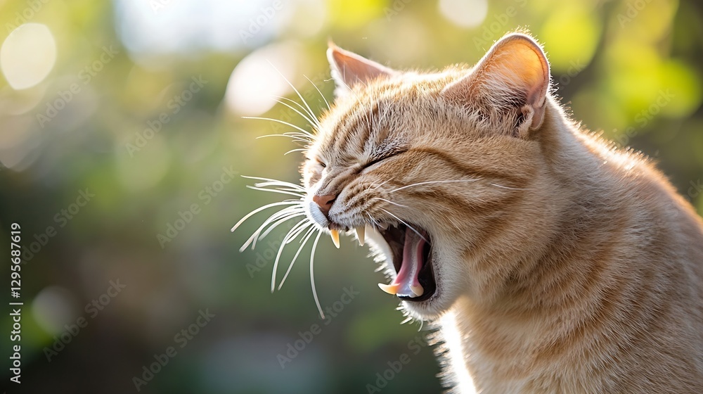 Poster Close up of a cat yawning in the sunlight showcasing its whiskers and expressive features : Generative AI