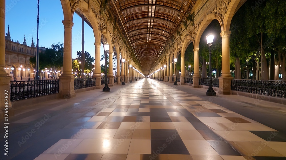 Aufkleber stunning arched gallery with lighted pathway at dusk in an urban setting : generative ai