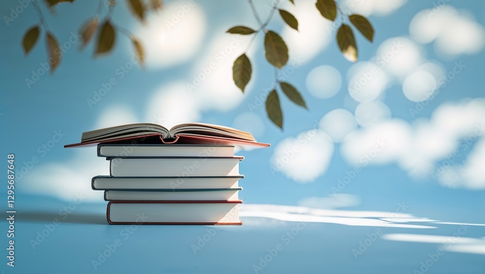 Poster stacked books with an open cover under soft light and leaves in a serene setting