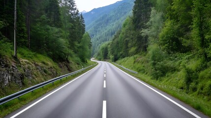 Winding road leading through a picturesque landscape with lush greenery and mountains in the background : Generative AI