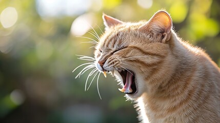 Close up of a cat yawning in the sunlight showcasing its whiskers and expressive features : Generative AI
