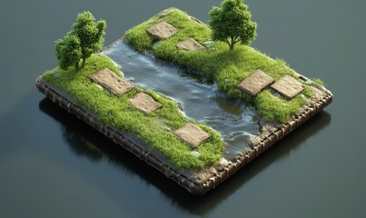 Naklejka premium Miniature island with path, stream, trees on dark background