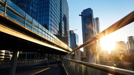 Urban Sunset Reflection in Modern Cityscape Glass Buildings with Bright Sunlight : Generative AI