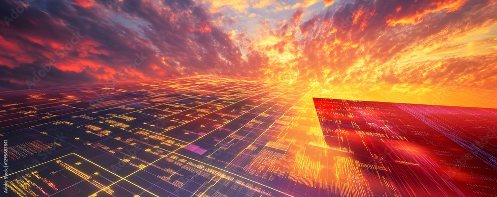 Poster abstract landscape of grid and code under a fiery sky