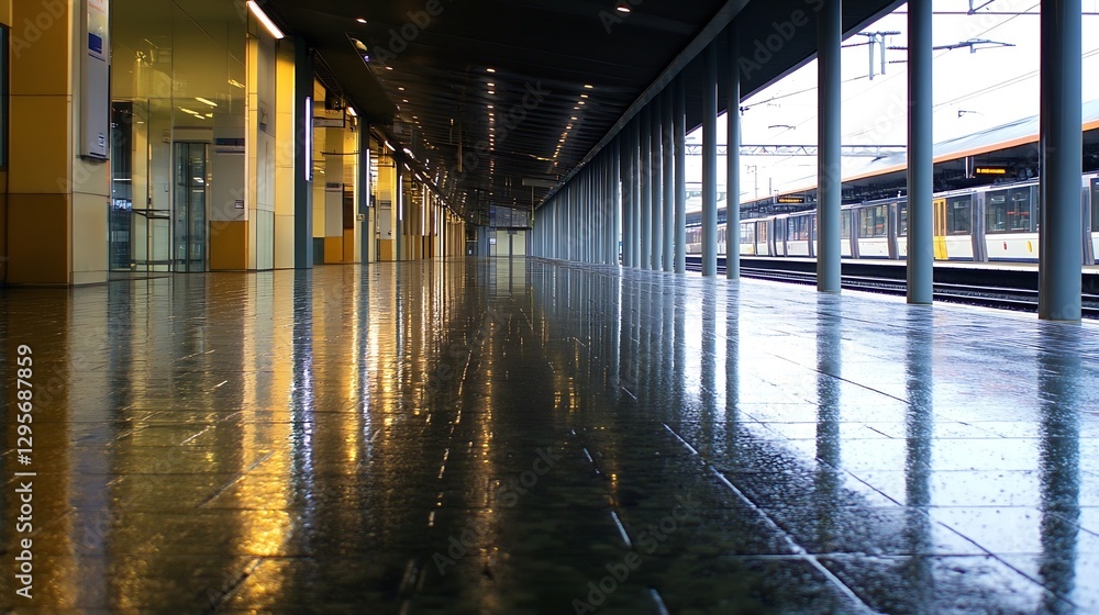 Poster modern train station platform with reflections showcasing an urban environment on a rainy day : gene