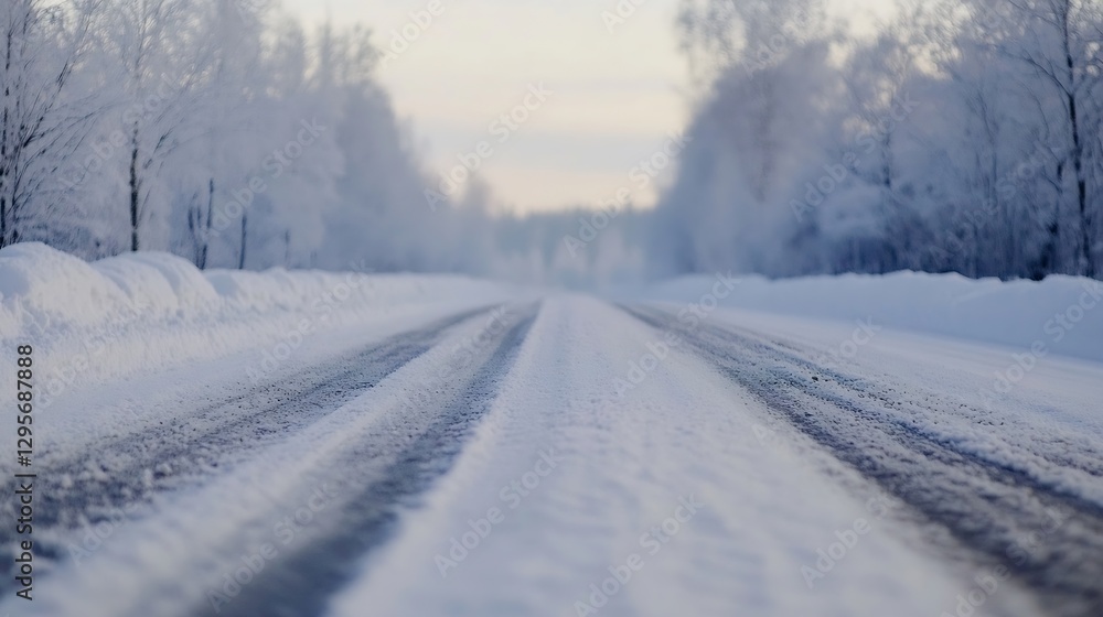 Poster snow covered road winding through frosty trees in winter landscape : generative ai