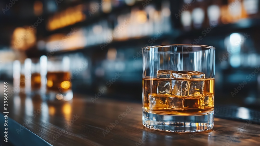 Poster Refreshing Glass of Whiskey with Ice on a Stylish Bar Counter : Generative AI