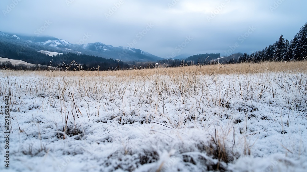 Poster winter landscape featuring a field covered in fresh snow with mountains in the background : generati