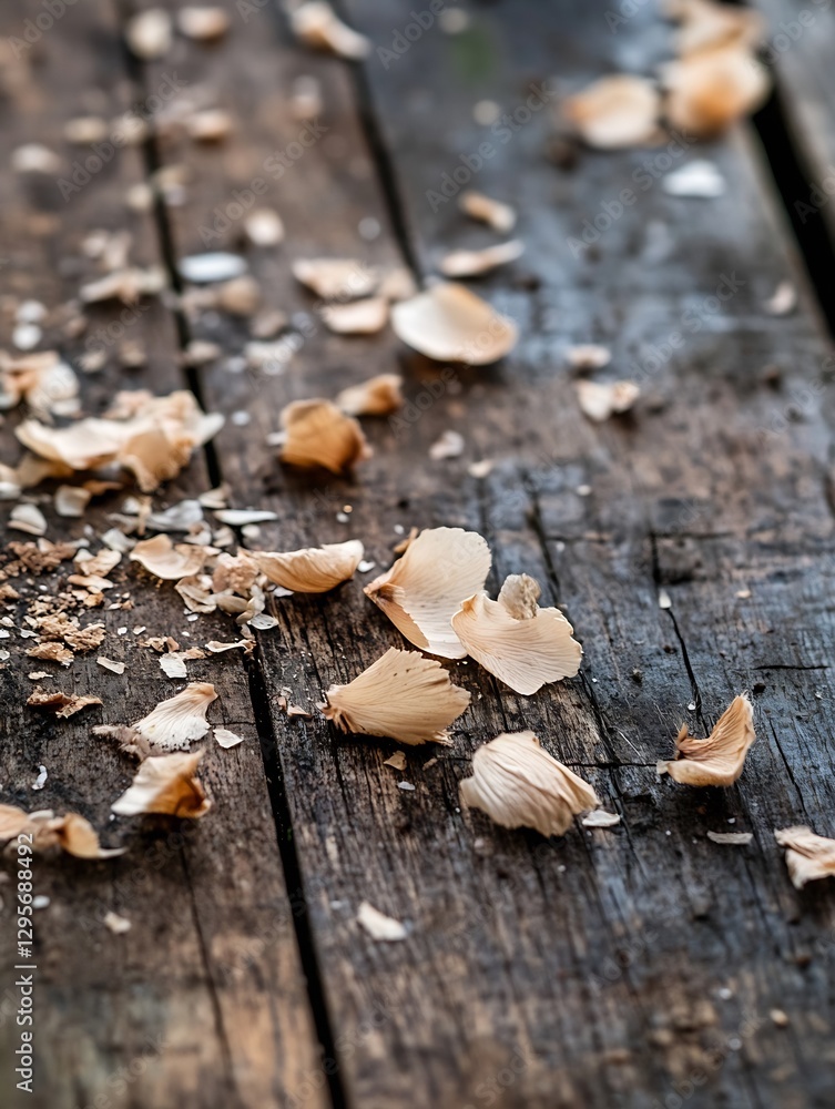 Aufkleber wooden surface scattered with shavings and natural debris creating a rustic aesthetic : generative a