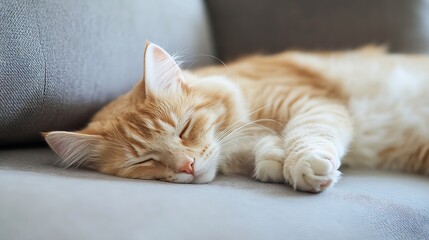 Adorable sleeping ginger cat resting peacefully on a cozy couch with soft textures : Generative AI