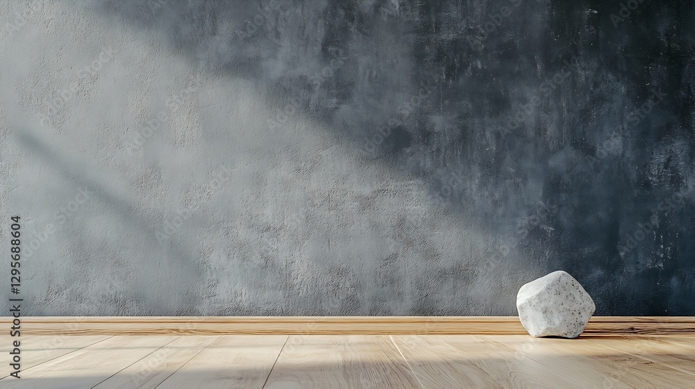 Poster minimalistic interior shot of a room with a single rock against a dark textured wall : generative ai