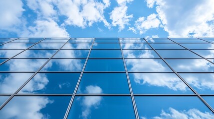 Reflection of clouds on a glass facade of a modern building under a bright sky : Generative AI