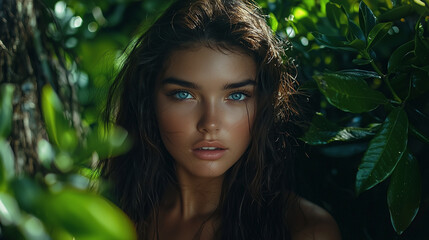 A beautiful woman with brunette hair smiling outdoors in a park surrounded by trees and leaves, enjoying the spring and summer weather, looking relaxed and happy