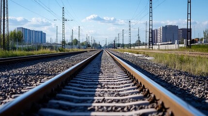 Scenic view of railway tracks stretching into the distance under a clear blue sky : Generative AI