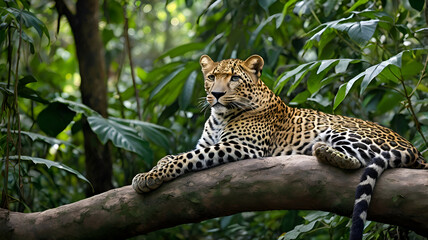 A spotted leopard lying on a thick tree branch, gazing into the distance, with dense jungle leaves in the background