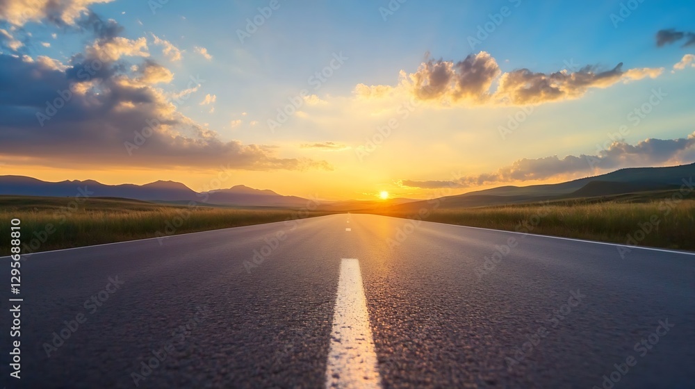 Poster scenic view of an empty road stretching towards a picturesque sunset in a vast open landscape : gene