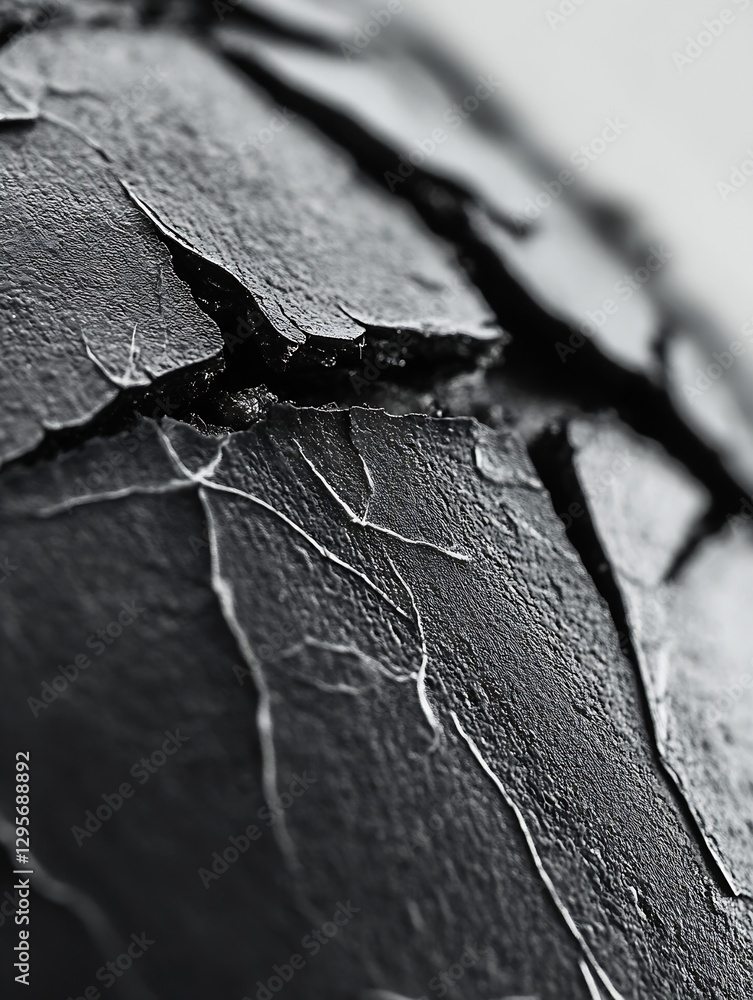 Poster closeup of cracked black surface showcasing texture and intricate details of peeling paint or materi