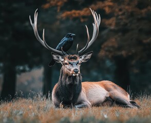 Naklejka premium Majestic stag resting in serene forest setting with striking antlers and a curious black bird perched on its head, showcasing nature's harmonious relationship