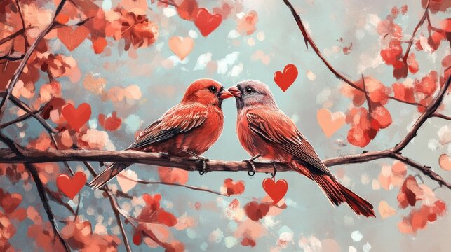 Escena de San Valent&Atilde;&shy;n de p&Atilde;&iexcl;jaros sobre ramas de &Atilde;&iexcl;rboles con s&Atilde;&shy;mbolos de corazones. Dise&Atilde;&plusmn;o colorido para carteles o postales de San Valent&Atilde;&shy;n, enamorados, parejas y regalos.