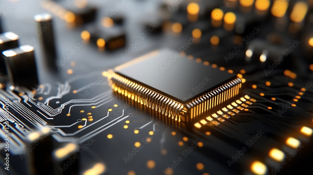 Poster Close-Up of a Modern Microchip with Reflective Gold Contacts on a Circuit Board : Generative AI