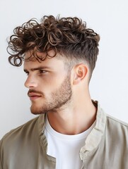 Obraz premium Stylish young man with curly hair and beard captured in profile showcasing modern hairstyle and fashion : Generative AI