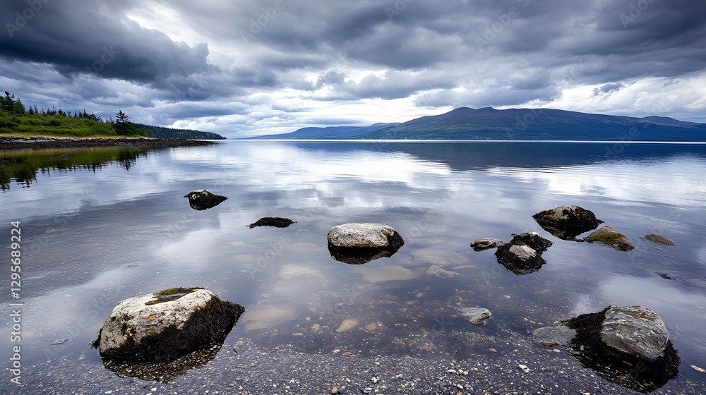 Aufkleber serene landscape of a calm lake with mountains and stormy clouds in the background : generative ai