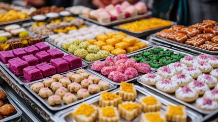 A variety of colorful sweets and desserts on display at a market. A tempting array of treats for any sweet tooth.
