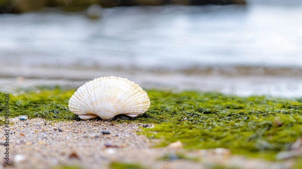 Poster beautiful seashell on a sandy beach with rippling water from the ocean : generative ai