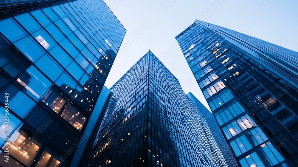 Poster skyline view of modern skyscrapers reflecting blue hues under a twilight atmosphere : generative ai