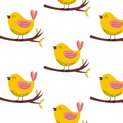 Colorful yellow birds sitting on branches create a cheerful pattern for home decor or children's items