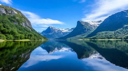 Breathtaking Scenic View of Majestic Mountains Surrounding a Serene Reflective Lake : Generative AI