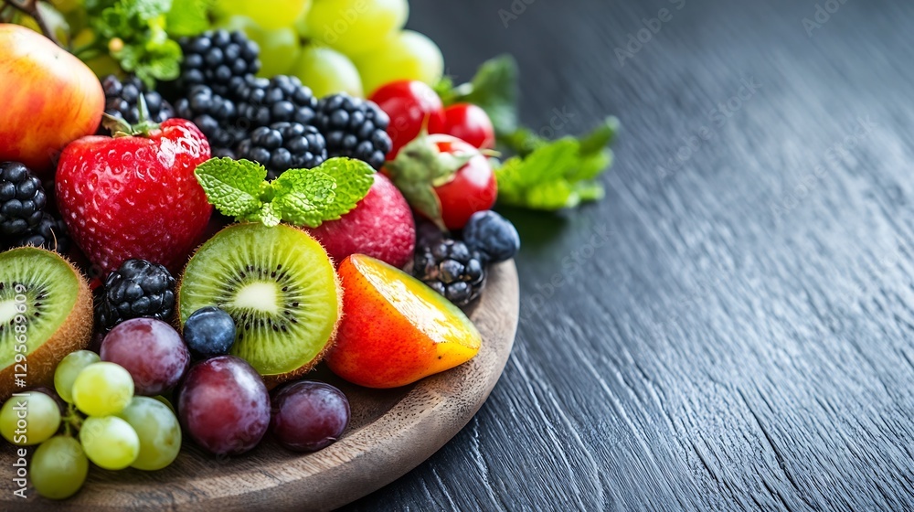 Poster Vibrant display of assorted juicy fruits arranged on a wooden table with a rustic feel : Generative AI