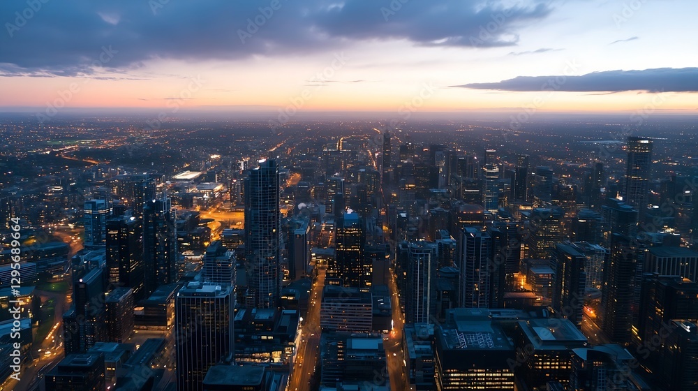 Poster stunning aerial view of a vibrant city skyline at dusk with illuminated buildings and a colorful sky