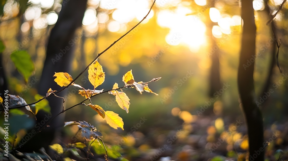 Poster golden hour light illuminating autumn leaves in a forest setting : generative ai