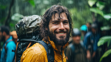 Portrait of a smiling mature man with a beard in the woods, wearing a jacket, looking outdoors