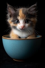 A small kitten sitting in a blue bowl