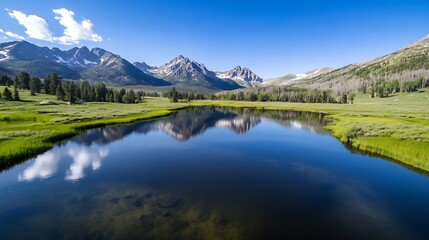 Naklejka premium Stunning panoramic view of serene lake surrounded by majestic mountains under a clear blue sky : Generative AI