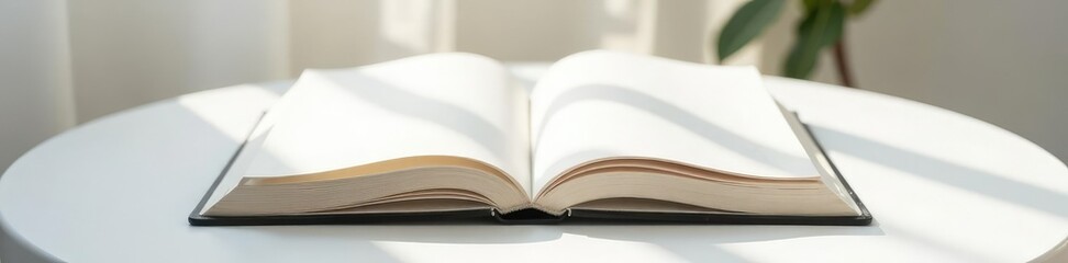 Obraz premium White book open on a pristine white table with natural shadow, elegant, natural light, quiet space
