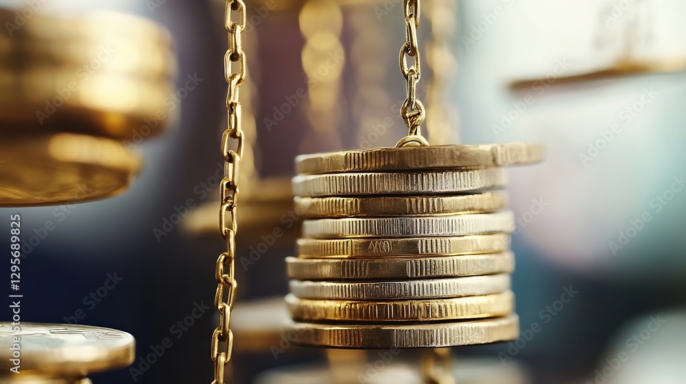 Fototapete closeup view of golden coins stacked and suspended on a chain representing wealth and financial stab
