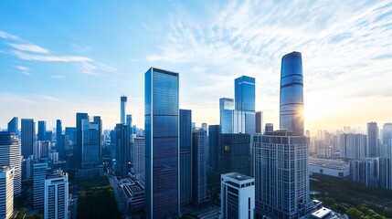 Stunning skyline view of modern city with skyscrapers during sunrise showcasing urban architecture : Generative AI