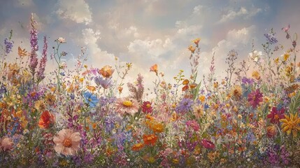 Vibrant Wildflower Meadow Under a Cloudy Sky