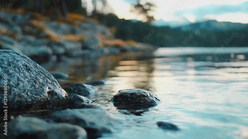 Aufkleber Close Up of Calm Lake Surface with Rocks and Reflections of Trees in Serene Landscape : Generative AI