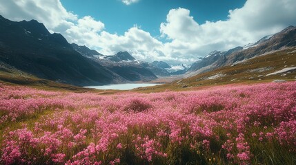 Fototapeta premium Vibrant pink wildflowers bloom in a scenic alpine valley, surrounded by majestic mountains and a tranquil lake under a bright blue sky.