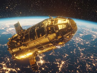Obraz premium Golden space capsule orbiting Earth with radiant reflections of city lights