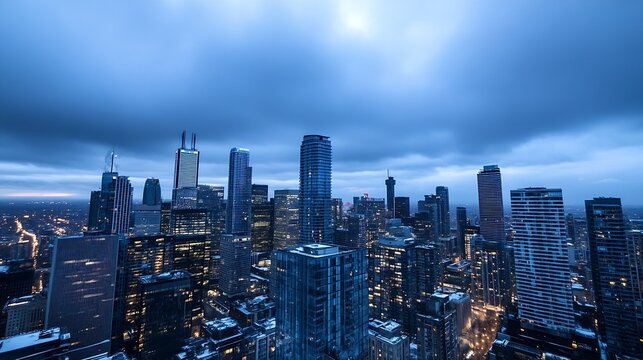 Dramatic skyline of a bustling cityscape illuminated at dusk with skyscrapers under a cloudy blue sky : Generative AI