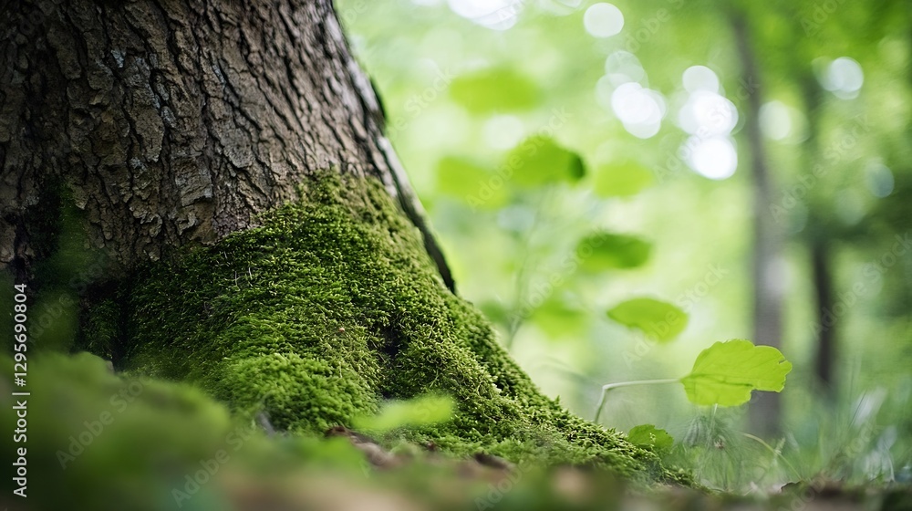 Poster close up of a tree trunk covered with vibrant green moss in a lush forest setting : generative ai