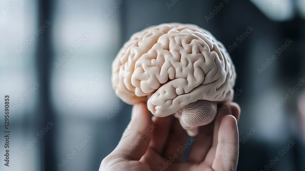 Poster Detailed close up view of a realistic human brain model being held in a hand showcasing its intricate details : Generative AI