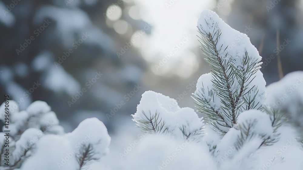 Aufkleber closeup of snowcovered pine branches surrounded by winter light creating a peaceful and tranquil atm