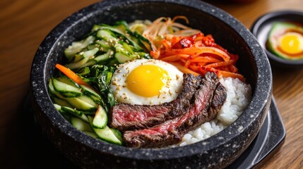 Bibimbap, a Korean rice dish with sauteed vegetables, meat, and a fried egg, served in a hot stone bowl.